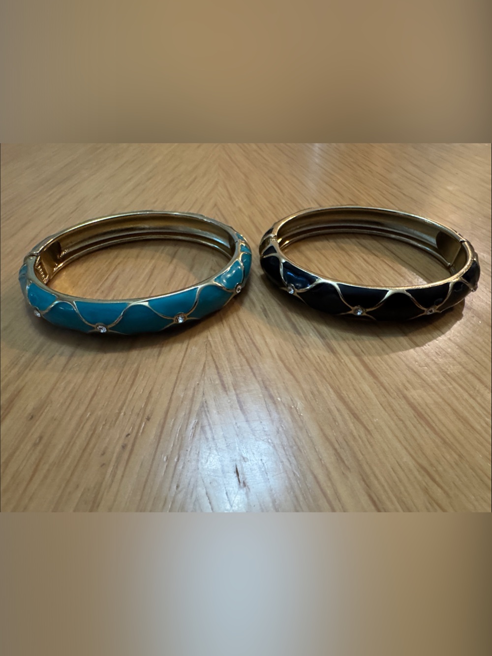 Set of Two 80s Hinged Gold-Tone Enamel Bangle Bracelets in Turquoise and Black